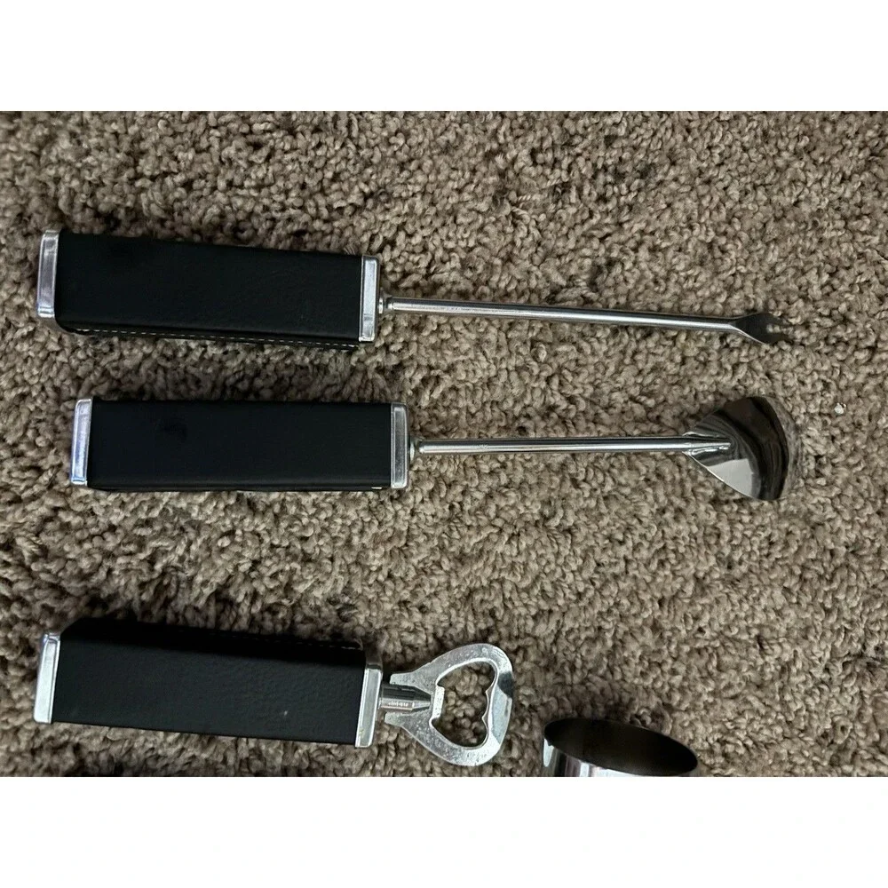 Vintage 1960s Bar Set Trojan Roman Soldier Leather Handles  4 Piece Set Black